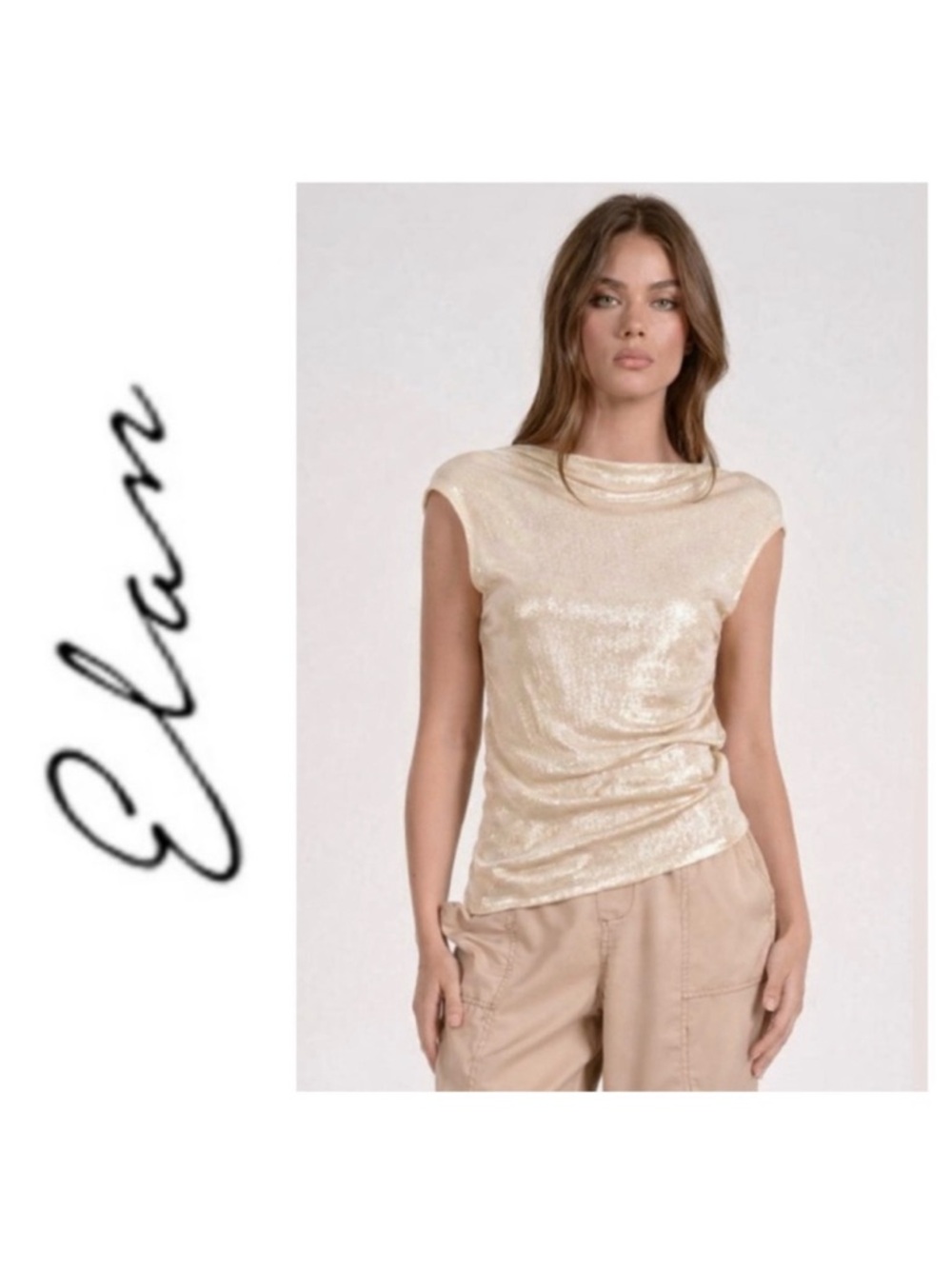 NWT Elan Katie Scoop Back Metallic Top in Champagne